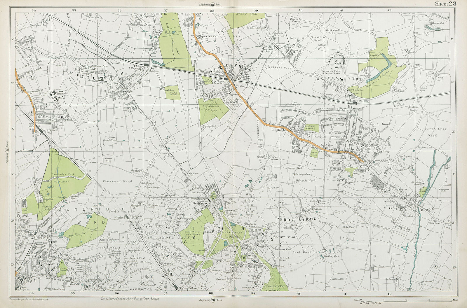 CHISLEHURST Eltham Mottingham Bromley Sidcup Foots Cray Catford. BACON  1920 map
